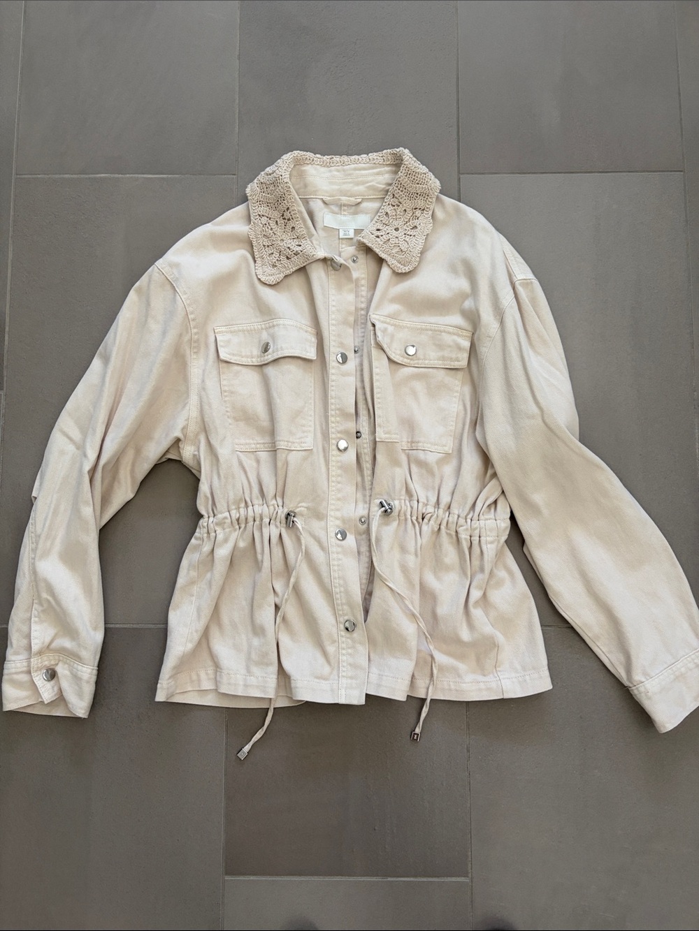 Zara Cream Crochet Collar Drawstring Waist Utility Jacket
